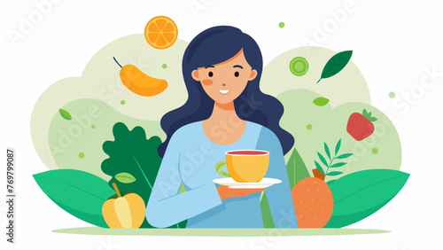  A woman holding a cup of freshly brewed herbal tea with a plate of colorful fruits and veggies in the background highlighting the use of