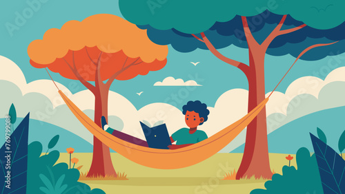  A person lying in a hammock under the shade of a large tree reading a book on natural healing and selfcare emphasizing the importance of taking