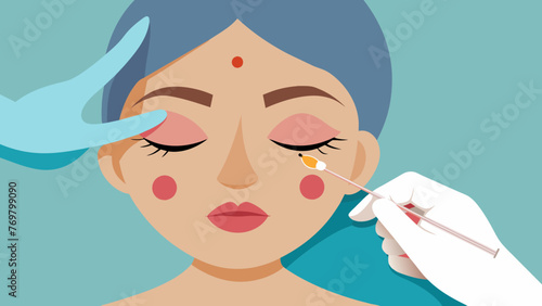  A closeup of a delicate needle being tapped into the skin just above the eyebrow targeting specific pressure points.