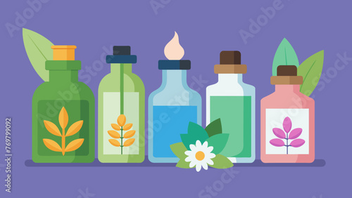  A set of aromatic essential oils in small glass bottles showcasing the use of natural remedies for health and wellness.