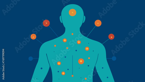  The intricate network of lines and points marked on a persons back outlining the various energy flows targeted in acupuncture therapy.