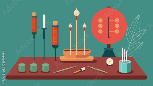  The intricate design of traditional Chinese acupuncture tools including needles tweezers and a small hammer displayed on a table.