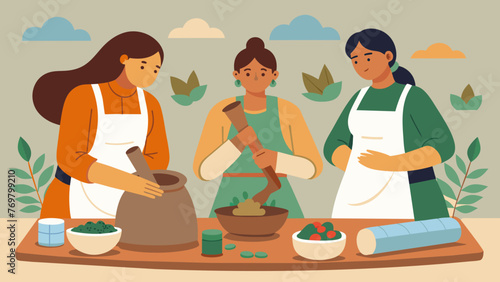  Two women work side by side painstakingly kneading and shaping clay into traditional medicinal tablets while an instructor guides them through