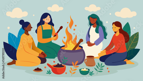  A group of women sitting around a blazing fire using pestle and mortars to grind up various herbs and roots for medicinal purposes.