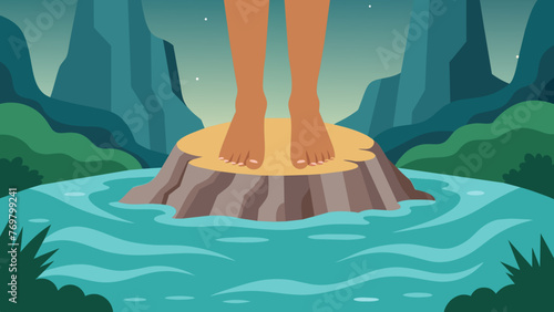  A tight image of a persons feet as they stand in a shallow pool of water in front of a sacred waterfall. The water is believed to contain