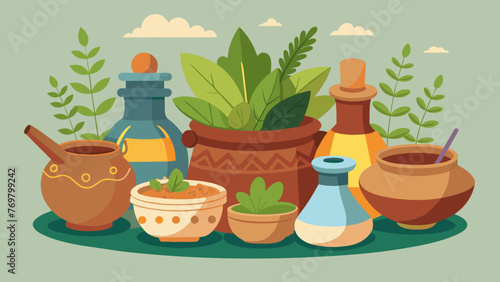 A detailed image of a set of traditional clay pots filled with various herbs roots and oils. These ingredients are used to create potent