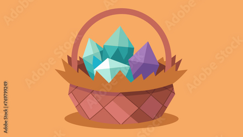  A tilted shot of an intricately woven basket holding a collection of sacred crystals some believed to have the ability to heal ailments and