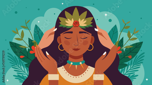  A closeup of a tribal medicine womans hands softly massaging a patients temples with a blend of fragrant oils and herbs to ease a headache.