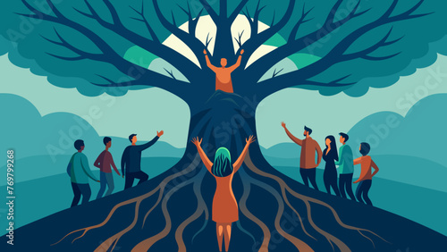  A tight shot of a group of people gathered around a large ancient tree its roots spreading outwards and reaching towards the sky. This tree is