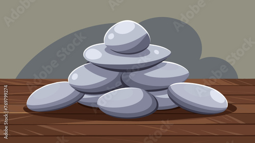  A pile of smooth polished stones are tered on a worn wooden table. These stones are often used in healing ceremonies and rituals believed to