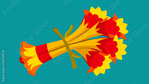  A bundle of vibrant red and yellow flowers are tied together with a thin strip of bark. These flowers are known for their potent