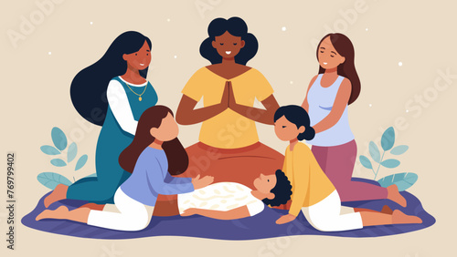  A group of women gather around a healer their hands p gently on the shoulders of a young child who is lying on a blanket. The healer moves his