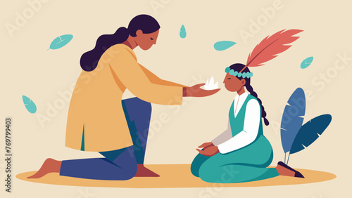  A traditional healer kneels in front of a patient using a feather to perform a healing feathertouch ritual. The gentle touch and energy