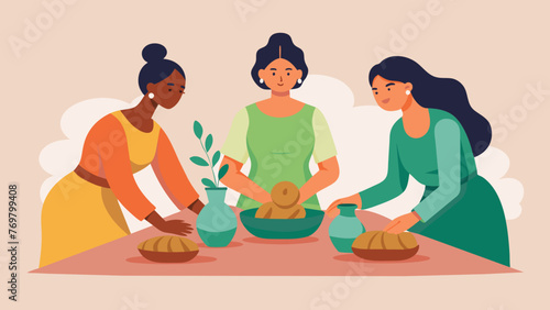  A group of women sitting around a table rolling and shaping clay into various forms. This is part of a healing ceremony where the clay is used