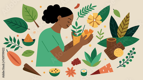 A womans hands delicately pluck pieces of bark and leaves from a collection of various plants creating a colorful array of ingredients for
