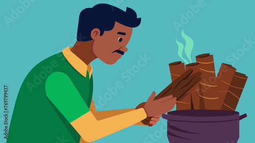  A closeup of a mans hands carefully inspecting a bundle of bark ensuring its quality before adding it to a pot of boiling water for traditional