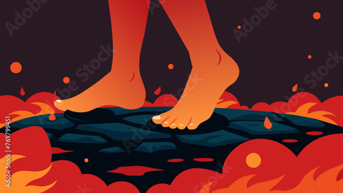  A closeup of a persons feet walking on a bed of hot coals as part of a firewalking healing ceremony. The intense heat is believed to purify and
