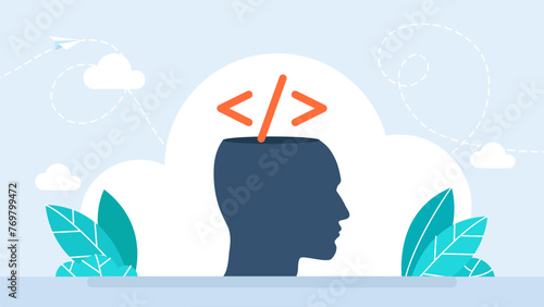 Human head silhouette with programming icon inside. Web programming concept. Machine learning or innovation technology, graphic of AI head with programming script. Vector illustration