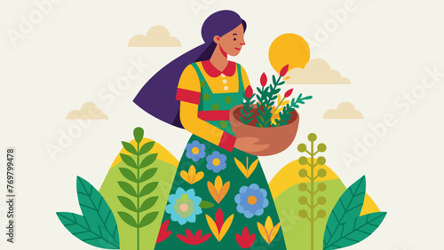  A woman in a colorful patterned dress holds a woven basket filled with wild herbs and plants gathered from the surrounding area.