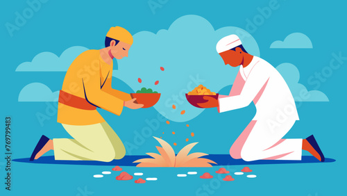  Two men kneel beside the water offering prayers and blessings as they sprinkle a handful of petals into the surface.