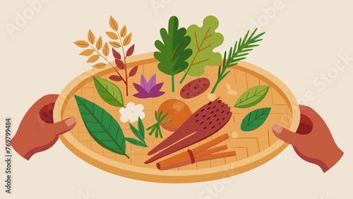  A womans fingers carefully arrange a variety of different plants on a woven tray showcasing the diverse ingredients used in traditional