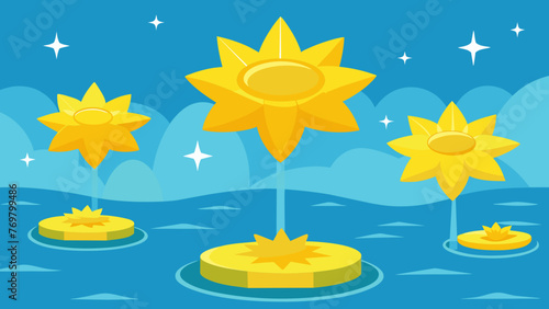  A collection of bright yellow starshaped flowers sit on the water their healing effects evident in the way the suns rays seem to bend towards