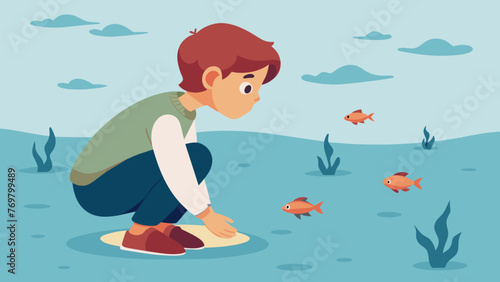  A young boy squats by the waters edge carefully observing a small school of fish swimming through the clear water.
