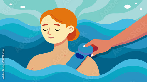  A closeup of a handheld massaging tool being used to gently massage the shoulders and neck of a person submerged in the healing waters.