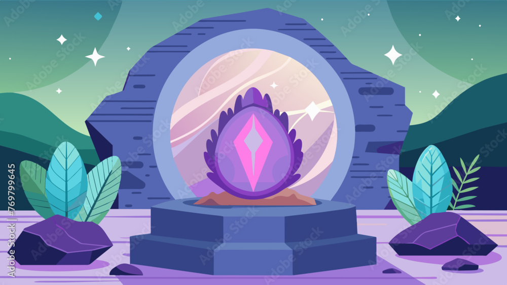  A large geode cracked open to reveal its glittering crystal interior sits on a pedestal in a room filled with plants and natural decor. Its - obrazy, fototapety, plakaty 