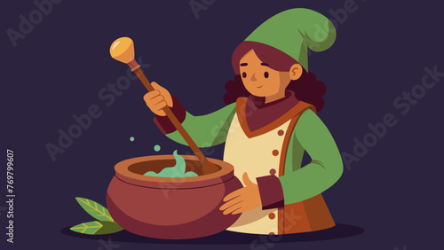  The concoction begins to take on a deep earthy color as the healer stirs it with a rustic wooden s.