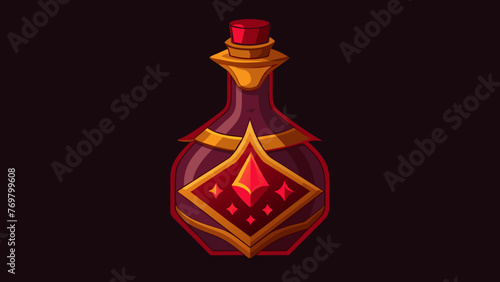  A dark mysterious bottle filled with a deep red liquid adorned with intricate gold designs evoking a sense of mystique and power in traditional