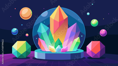  A large of iridescent rainbow crystals ranging in size from marbles to golf balls shimmer under the warm glow of a Himalayan salt lamp. Their