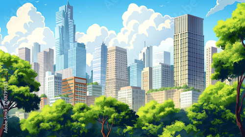 Cidade com prédios e árvores verdes - Ilustração