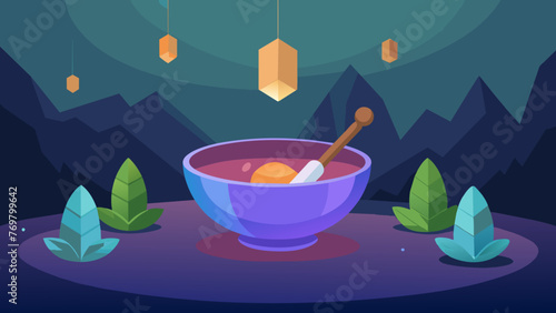 In a dimly lit room a crystal singing bowl emits a soothing sound as it is played with a mallet. The vibrations and frequencies produced by the