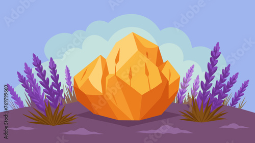  A chunk of raw unpolished citrine rests on a bed of dried lavender flowers. The crystals golden hue is warm and inviting exuding positivity