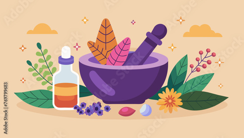  A mortar and pestle filled with dried flowers and herbs sitting next to a tray with an assortment of colorful crystals.