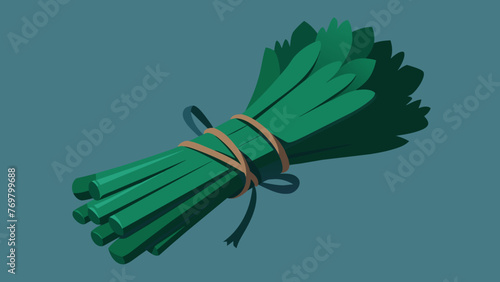  A closeup of a bundle of dark green herbs neatly tied with a string. The herbs emit a strong earthy scent.