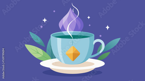  A cup of steaming tea with a shining crystal teabag hanging from the rim hinting at the infusion of ancient herbal remedies and crystal energy.