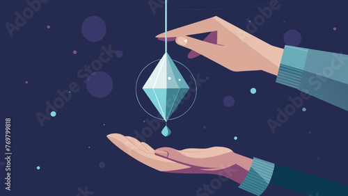  A closeup of a crystal pendulum gently swinging over a persons hand in order to receive guidance and wisdom from the ancients.