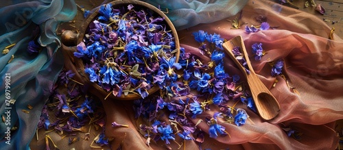 Blue Anchan tea dried flowers on a colored cloth with a wooden spoon and a dask. photo