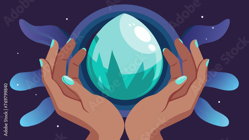  A closeup of a persons hands cupping a smooth polished crystal believed to hold the wisdom and energy of the ancients and used for healing and