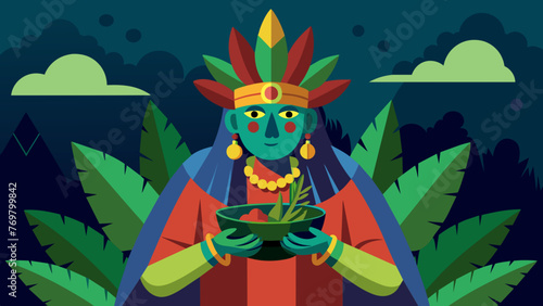  A shaman holds a bowl of herbal medicine made from sacred plants found in the surrounding rainforest as they prepare to administer it to a