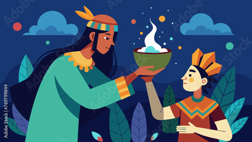  Cupping a wooden bowl in their hands a shaman carefully pours a steaming liquid over the head of a patient invoking ancient healing chants.