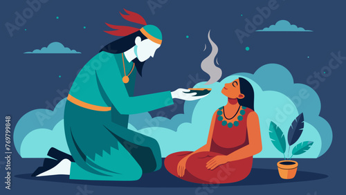  With their eyes closed in deep concentration a shaman blows smoke over a patients body focusing on areas of illness and imbalance in a