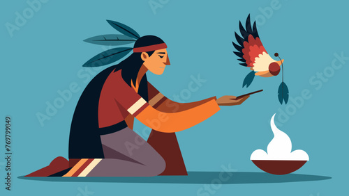 Using a bundle of eagle feathers a shaman wafts smoke towards a patient cleansing their spirit in a traditional purification ritual.