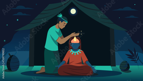  In a dimly lit hut a shaman places their hands on a patients head channeling powerful healing energy through their body.