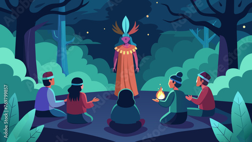  In a remote forest clearing a shaman leads a group of patients through a traditional ayahuasca ceremony guiding them on a spiritual and healing