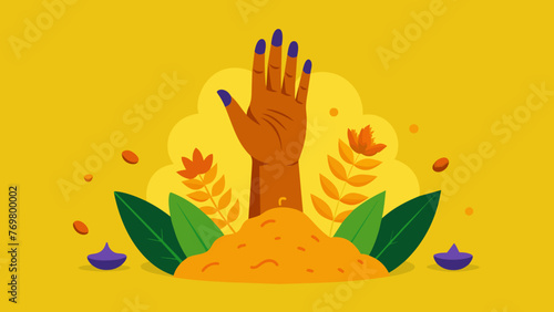  Closeup of an indigenous mans hand stained yellow from crushing numerous turmeric roots. Around him are piles of various herbs roots and plants