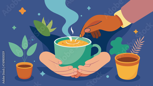  A warm cup of herbal tea is offered to a person as part of a spiritual healing ritual its aroma and ingredients specially chosen for their