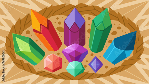  A colorful array of vibrant gemstones and crystals each with their own unique energy and healing properties are carefully laid out on a woven